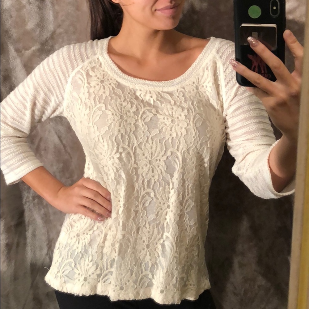 NWT Boston Proper Cream “Crochet Front Sweatshirt”